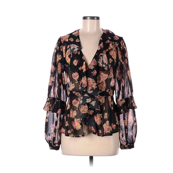 Topshop Tops - Topshop Black Floral Print Ruffle V Neck Women's Blouse Long Puff Sleeve Size 6